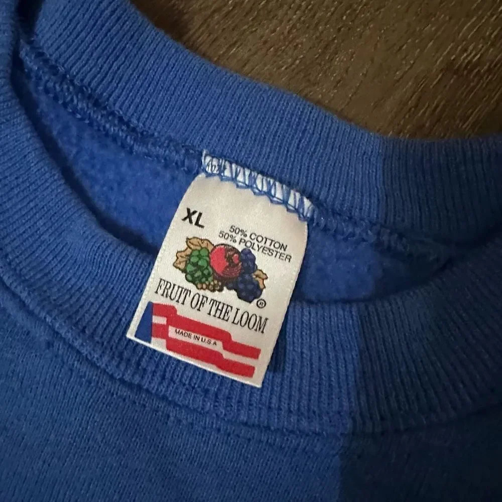 Vintage Hanes USA made Puff Paint Blue Rejoice Christmas Crewneck Sweater Sz XL